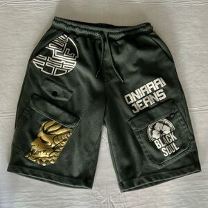 ONIARAI JEANS Black Soul Graphic Army Green Knit Drawstring Shorts Pockets L
